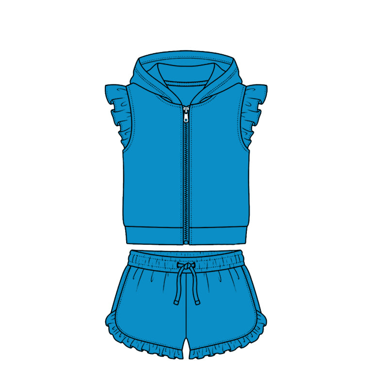 ( Moq 5 ) Preorder Baby Girls Kids Short Sleeves Zipper Hoodie Tops Ruffle Shorts Cotton Set Blue Clothes