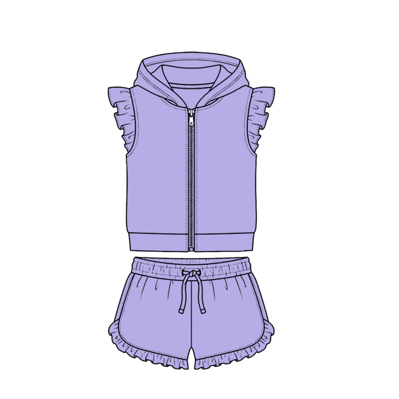 ( Moq 5 ) Preorder Baby Girls Kids Short Sleeves Zipper Lavender Hoodie Tops Ruffle Shorts Cotton Set Clothes