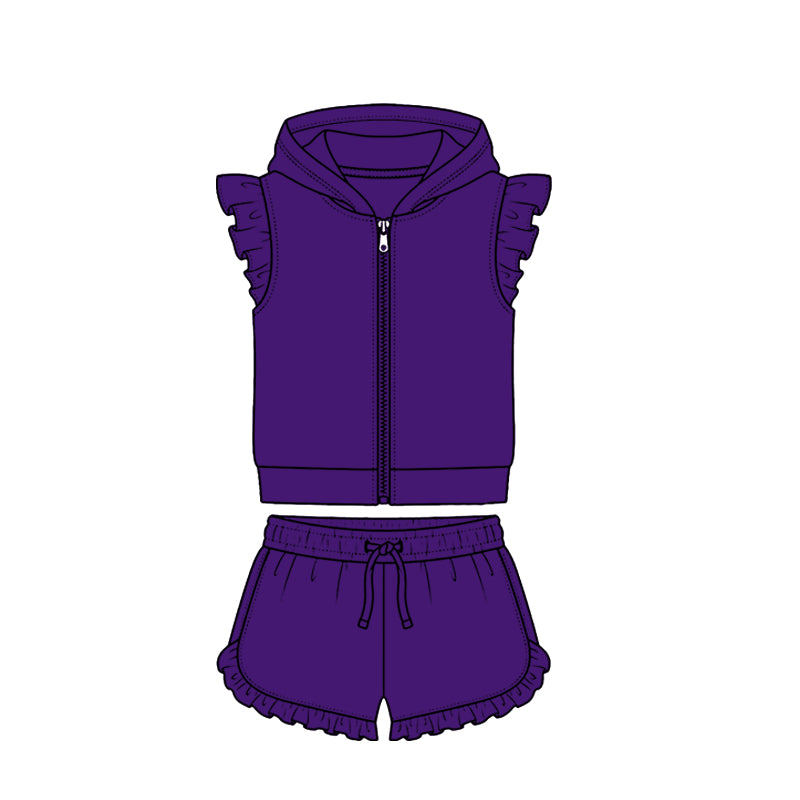 ( Moq 5 ) Preorder Baby Girls Kids Short Sleeves Zipper Purple Hoodie Tops Ruffle Shorts Cotton Set Clothes