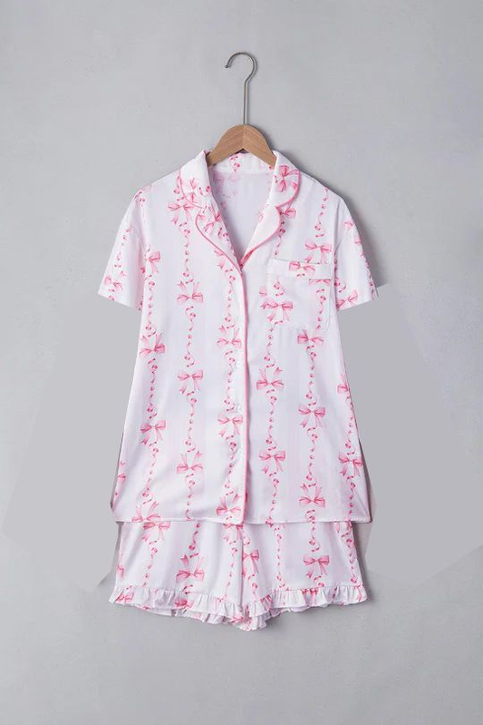 ( Moq 5 ) Preorder Baby Girls Kids Short Sleeves Pink Bows Buttons Shirt Shorts Pajamas Set Clothes
