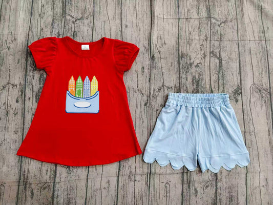 ( No moq ) Preorder Baby Girls Kids Short Sleeves Pencil Red Shirt Scallop Shorts Back to School Set