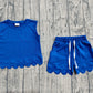 Baby Girls Kids Sleeveless Blue Shirt Scallop Shorts Set Cotton Clothes RTS