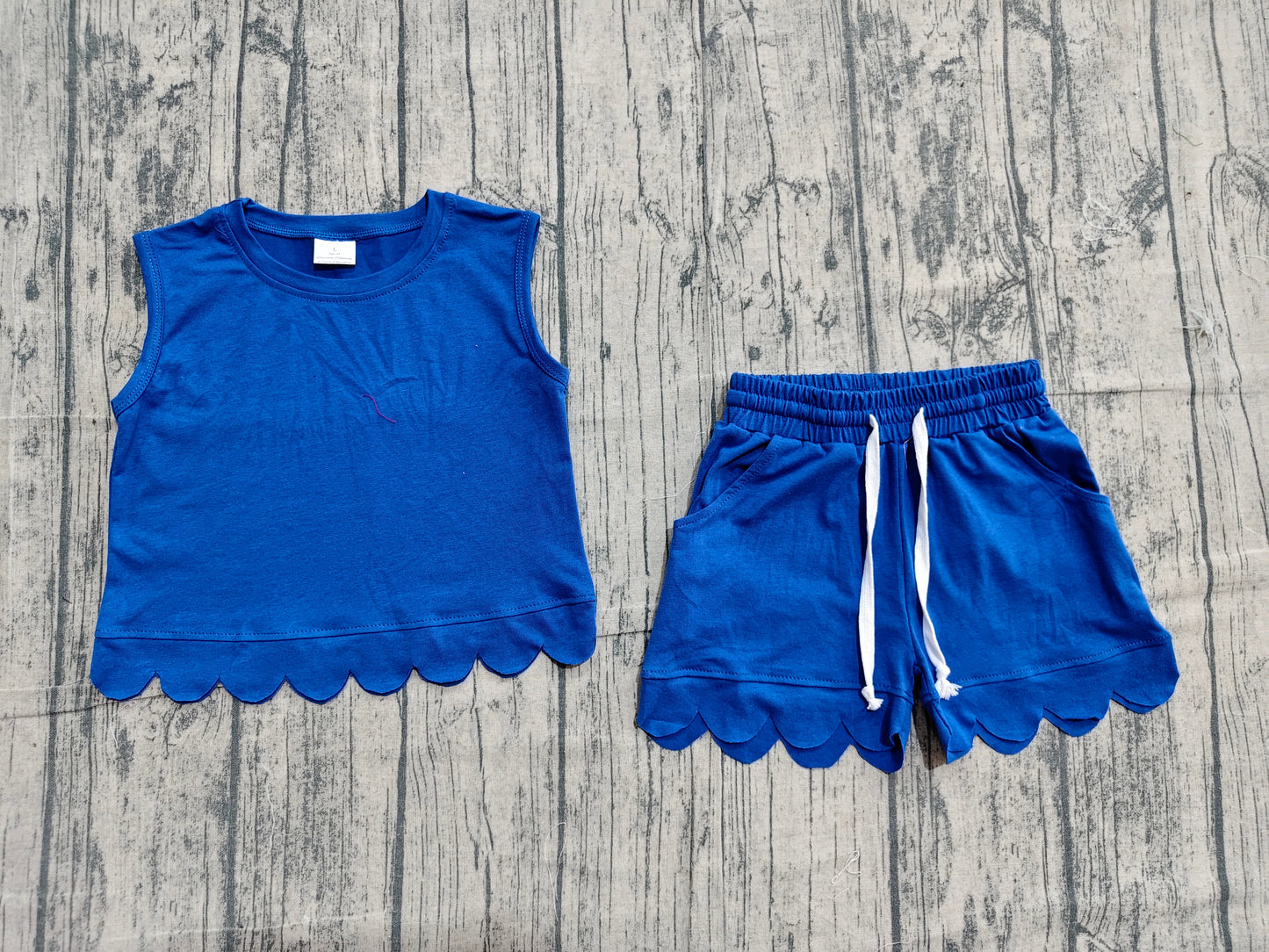 Baby Girls Kids Sleeveless Blue Shirt Scallop Shorts Set Cotton Clothes RTS