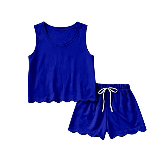 ( Moq 5 ) Preorder Baby Girls Kids Sleeveless Blue Shirt Scallop Shorts Set Cotton Clothes