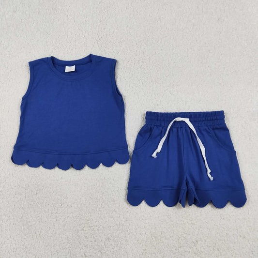 Sibling Baby Girls Kids Sleeveless Scallop Shirts Pockets Shorts Cotton Sets Clothes RTS