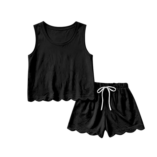 ( Moq 5 ) Preorder Baby Girls Kids Sleeveless Black Shirt Scallop Shorts Set Cotton Clothes