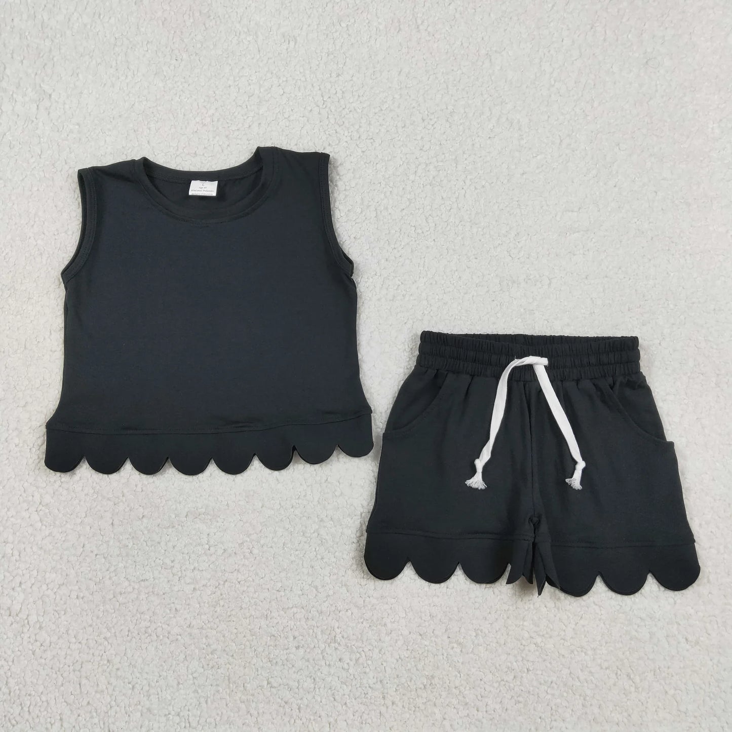 Sibling Baby Girls Kids Sleeveless Scallop Shirts Pockets Shorts Cotton Sets Clothes RTS