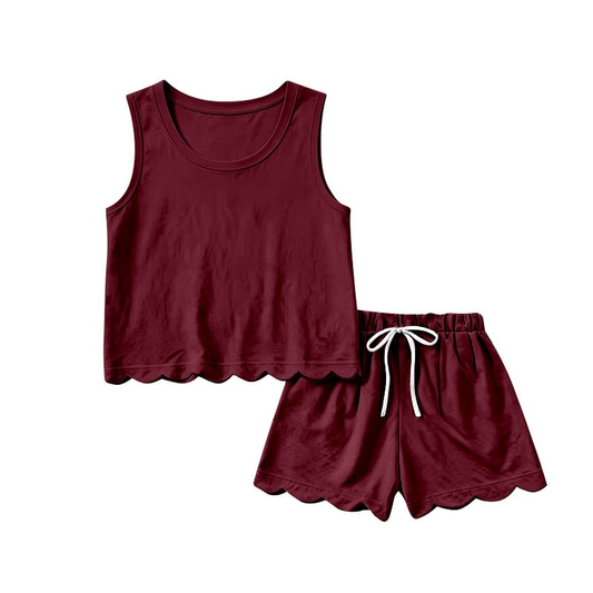 ( Moq 5 ) Preorder Baby Girls Kids Sleeveless Dark Red Shirt Scallop Shorts Set Cotton Clothes