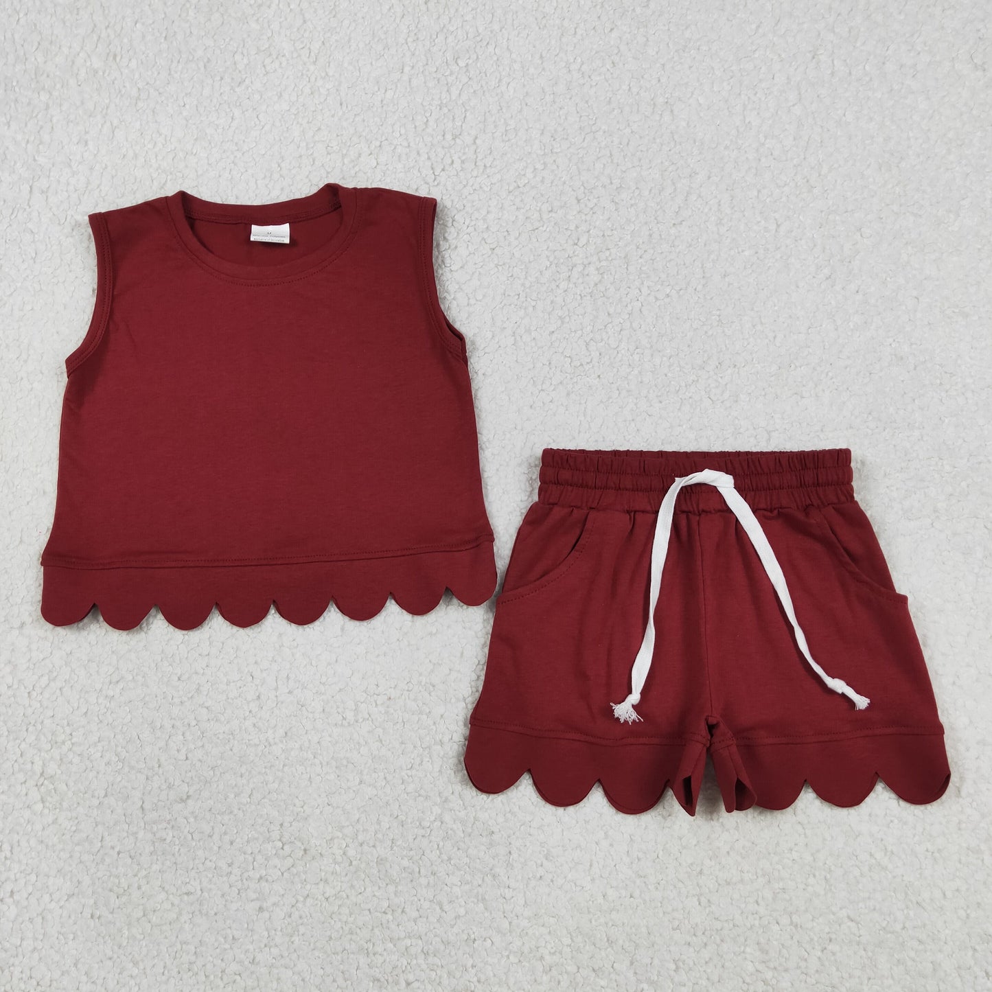 Sibling Baby Girls Adult Women Sleeveless Dark Red Shirts Pockets Shorts Scallop Sets Summer Clothes RTS