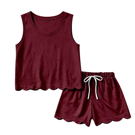 ( Moq 5 ) Preorder Adult Women Sleeveless Dark Red Scallop Shirt Shorts Clothes Cotton Set
