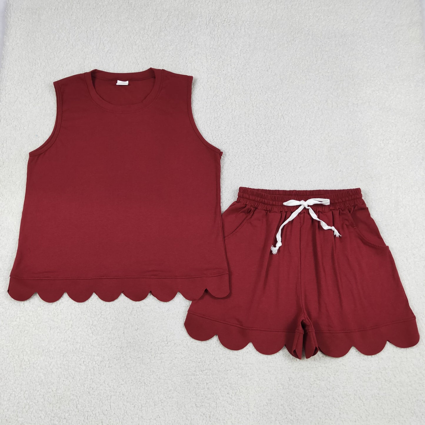 Sibling Baby Girls Adult Women Sleeveless Dark Red Shirts Pockets Shorts Scallop Sets Summer Clothes RTS