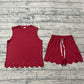 Adult Women Sleeveless Dark Red Scallop Shirt Shorts Clothes Cotton Set RTS