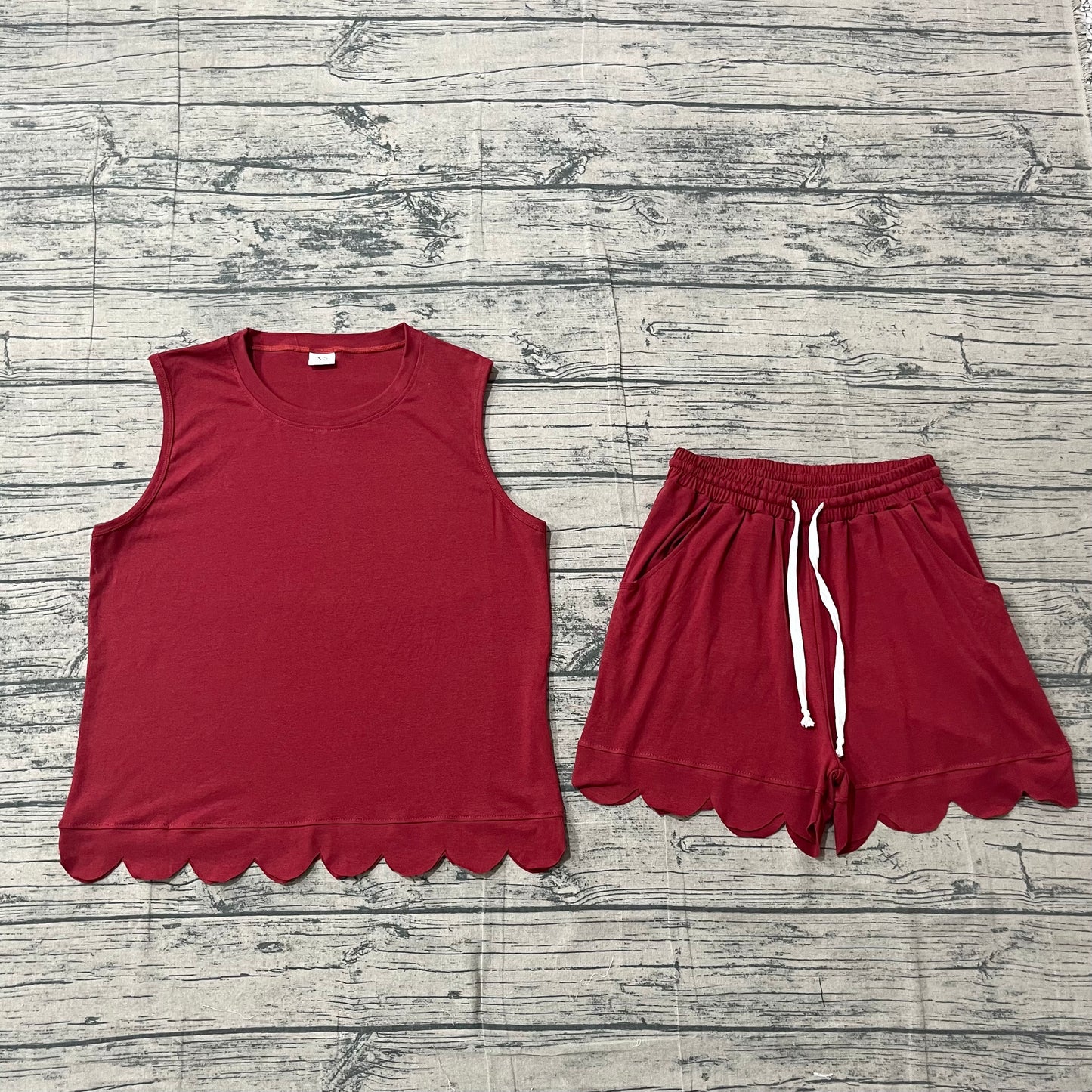 Adult Women Sleeveless Dark Red Scallop Shirt Shorts Clothes Cotton Set RTS
