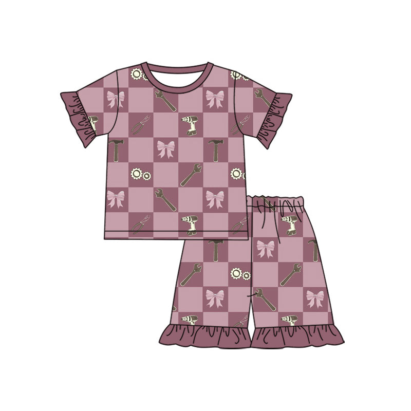 ( Moq 5 ) Preorder Baby Girls Kids Short Sleeves Tools Bows Shirt Ruffle Shorts Set Pajamas Clothes