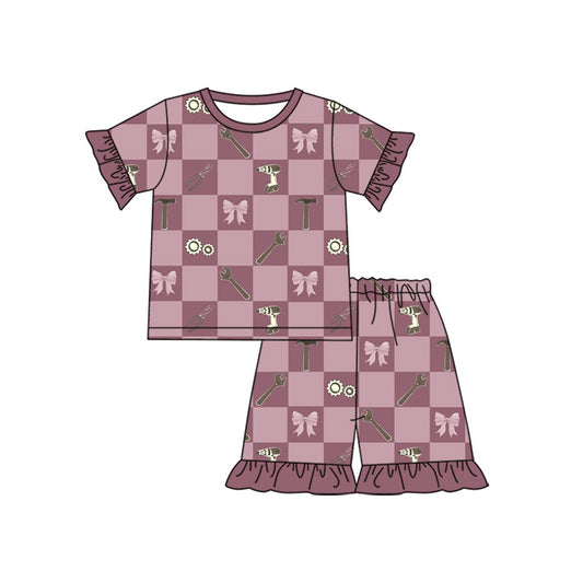 ( Moq 5 ) Preorder Baby Girls Kids Short Sleeves Tools Bows Shirt Ruffle Shorts Set Pajamas Clothes