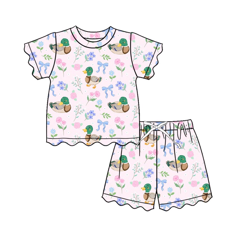 ( Moq 5 ) Preorder Baby Girls Kids Short Sleeves Ducks Flower Bows Shirt Scallop Shorts Set Clothes