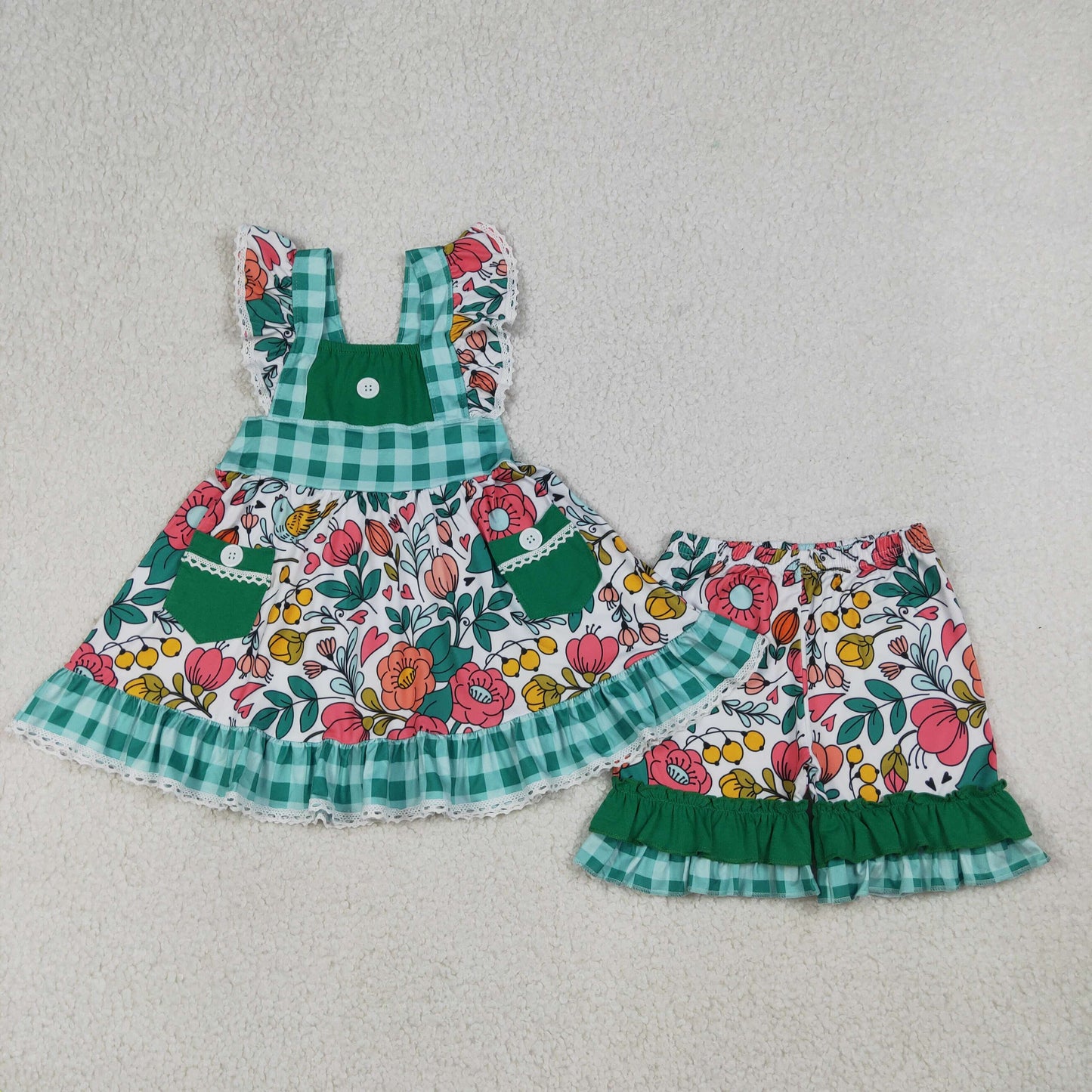 Baby Girls Kids Short Sleeves Flower Pockets Tunic Ruffle Shorts Set Clothes RTS