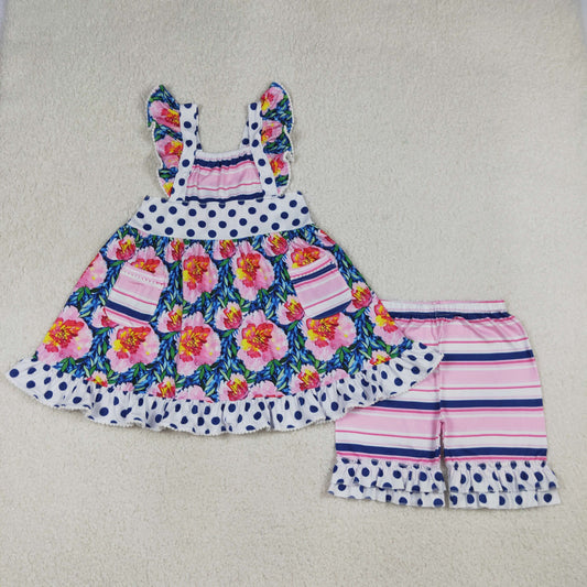Baby Girls Kids Short Sleeves Flower Pockets Tunic Ruffle Stripes Shorts Set Clothes RTS