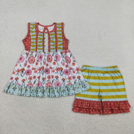 Baby Girls Kids Sleeveless Flower Tunic Stripes Ruffle Shorts Set Clothes RTS