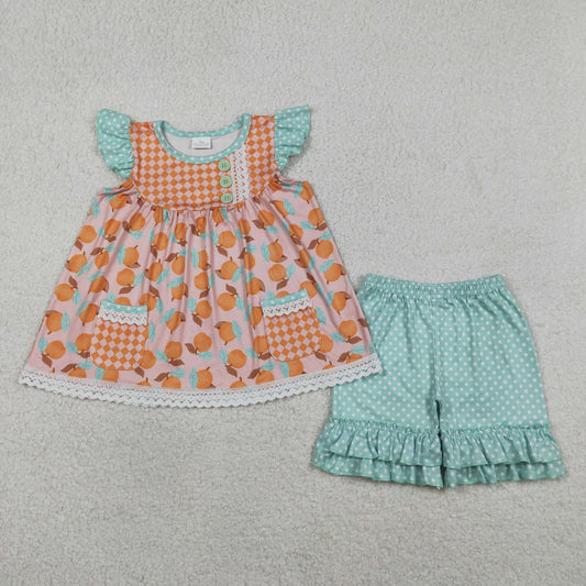 Baby Girls Kids Short Sleeves Peach Pockets Tunic Dots Ruffle Shorts Set Clothes RTS