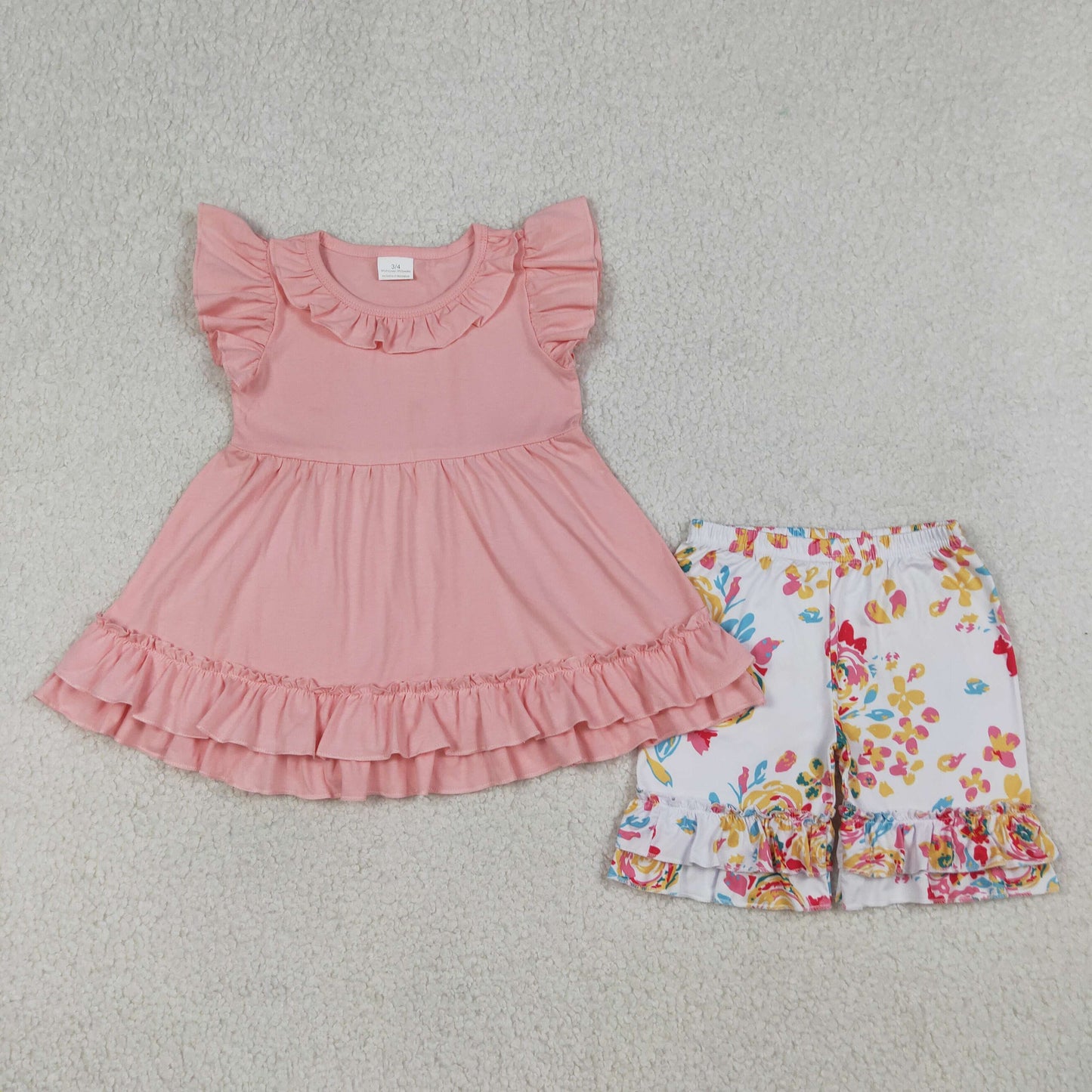 Baby Girls Kids Short Sleeves Pink Cotton Tunic Flower Ruffle Shorts Set Clothes RTS