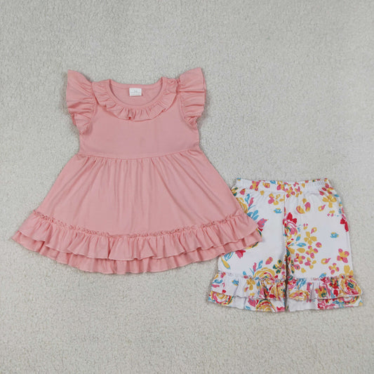 Baby Girls Kids Short Sleeves Pink Cotton Tunic Flower Ruffle Shorts Set Clothes RTS