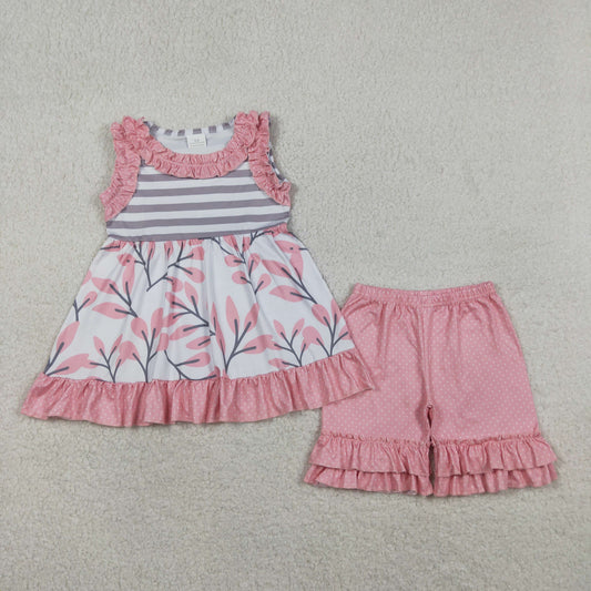 Baby Girls Kids Sleeveless Flower Stripes Tunic Dots Ruffle Shorts Set Clothes RTS