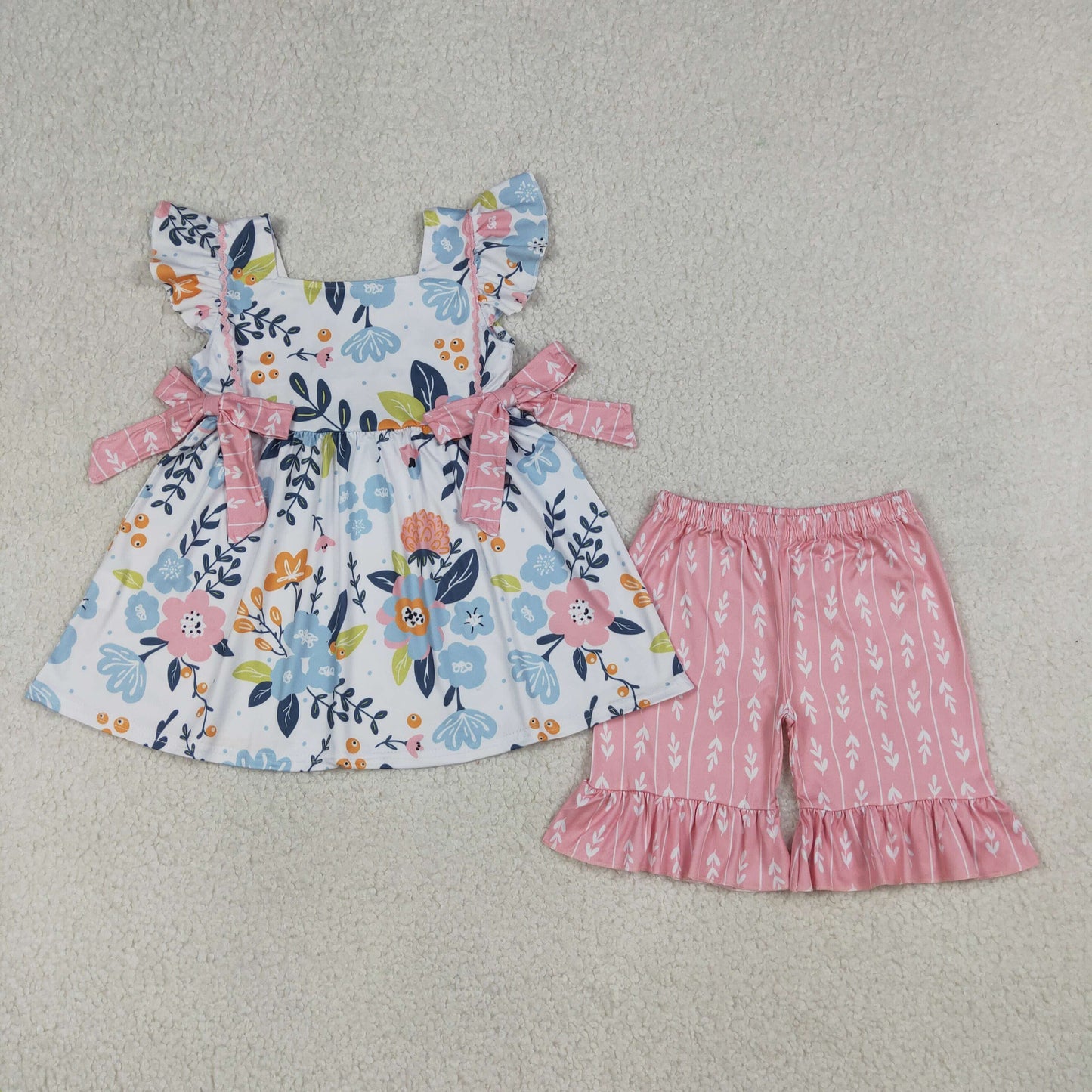 Baby Girls Kids Short Sleeves Flower Bows Tunic Ruffle Shorts Set Clothes RTS