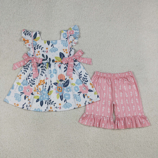 Baby Girls Kids Short Sleeves Flower Bows Tunic Ruffle Shorts Set Clothes RTS
