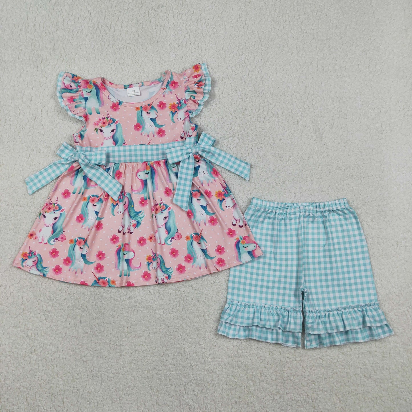 Baby Girls Toddler Short Sleeves Flower Horses Tunic Ruffle Shorts Set Clothes RTS