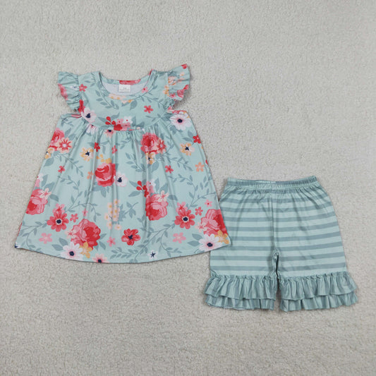 Baby Girls Toddler Short Sleeves Flower Tunic Green Stripes Ruffle Shorts Set Clothes RTS