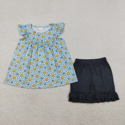 Baby Girls Kids Short Sleeve Smile Flower Tunic Dots Ruffle Black Shorts Set Clothes RTS