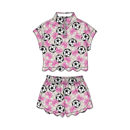 ( Moq 5 ) Preorder Baby Girls Kids Soccer Bows Zipper Shirt Scallop Shorts Set Pink Clothes