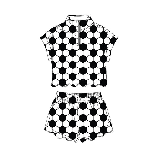 ( Moq 5 ) Preorder Baby Girls Kids Soccer Bows Zipper Shirt Scallop Shorts Set Black Clothes