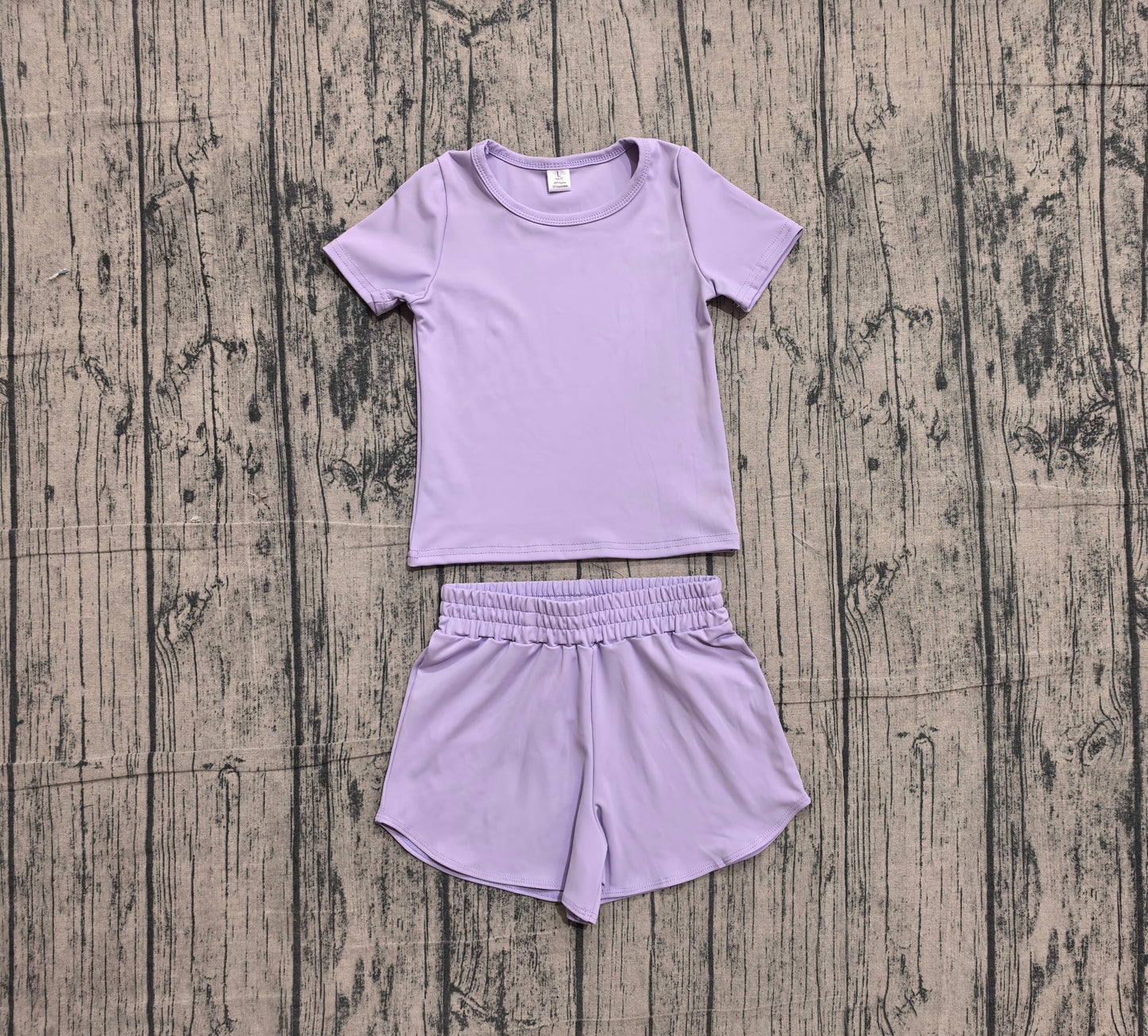 ( No moq ) Preorder Baby Girls Kids Short Sleeves Lavender Shirt Skirt Shorts Yoga Active Set Clothes