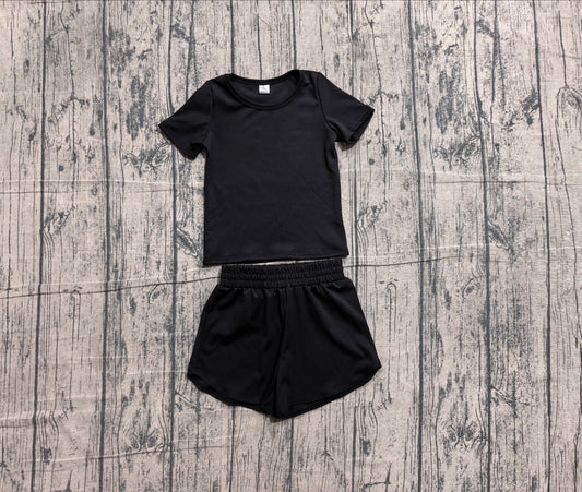 ( No moq ) Preorder Baby Girls Kids Short Sleeves Black Shirt Skirt Shorts Yoga Active Set Clothes