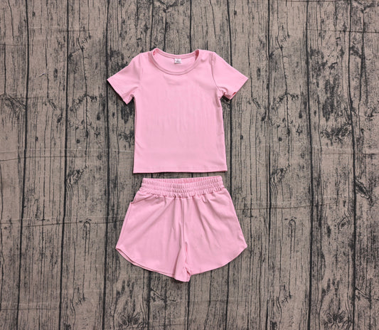 ( No moq ) Preorder Baby Girls Kids Short Sleeves Pink Shirt Skirt Shorts Yoga Active Set Clothes
