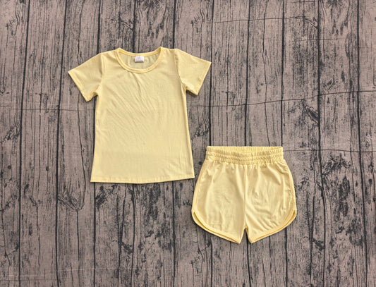( No moq ) Preorder Baby Girls Kids Short Sleeves Yellow Shirt Skirt Shorts Yoga Active Set Clothes
