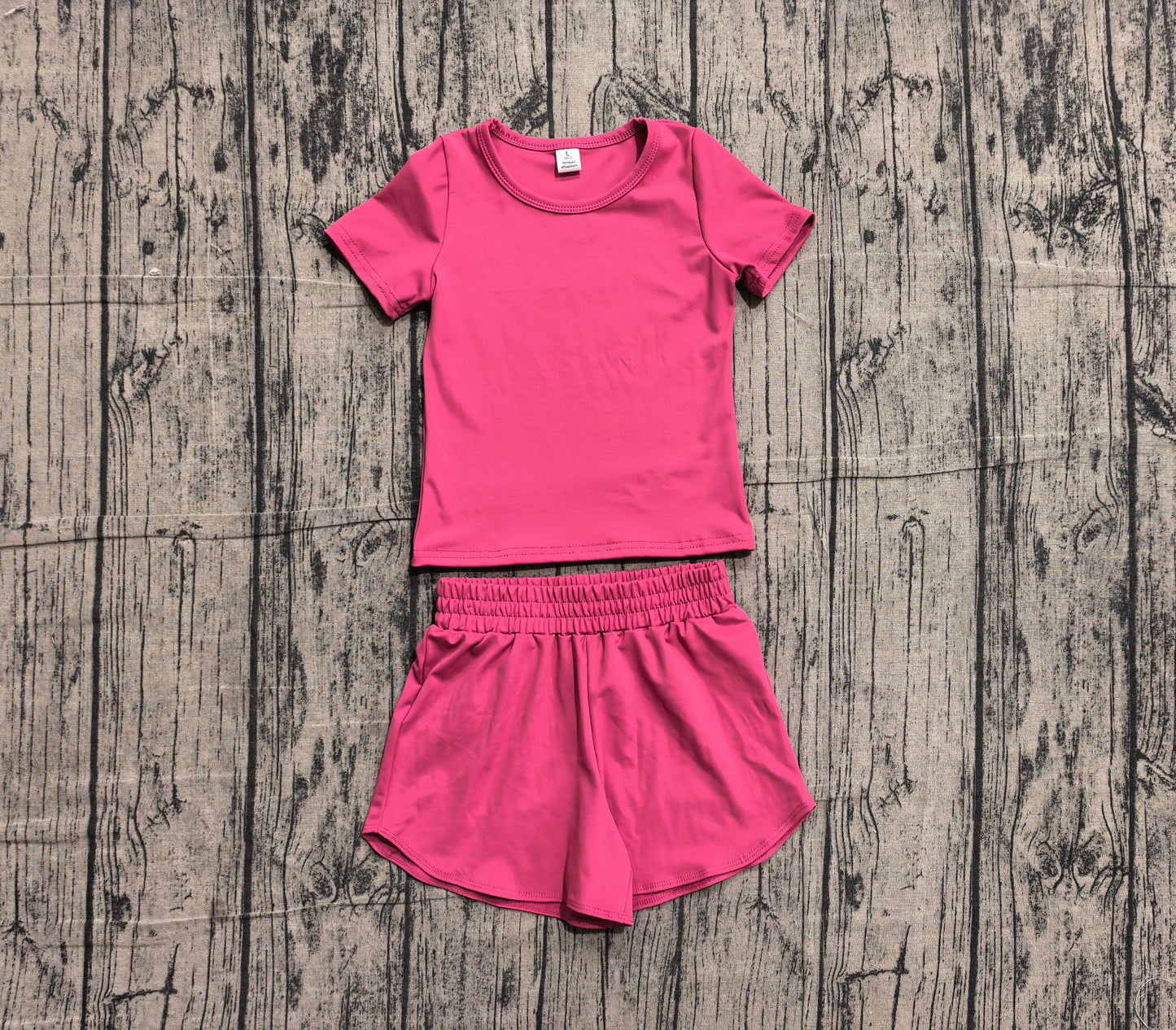 ( No moq ) Preorder Baby Girls Kids Short Sleeves Hot Pink Shirt Skirt Shorts Yoga Active Set Clothes