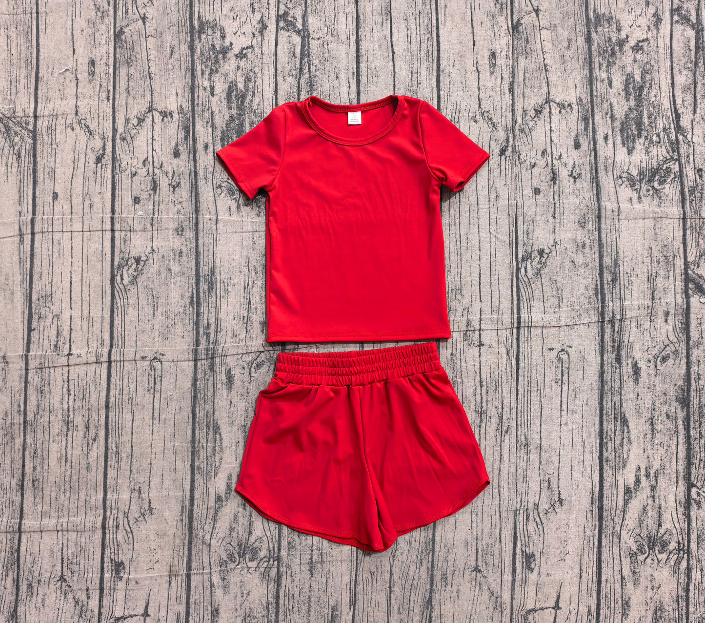 ( No moq ) Preorder Baby Girls Kids Short Sleeves Red Shirt Skirt Shorts Yoga Active Set Clothes