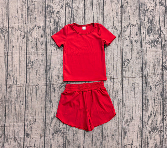 ( No moq ) Preorder Baby Girls Kids Short Sleeves Red Shirt Skirt Shorts Yoga Active Set Clothes