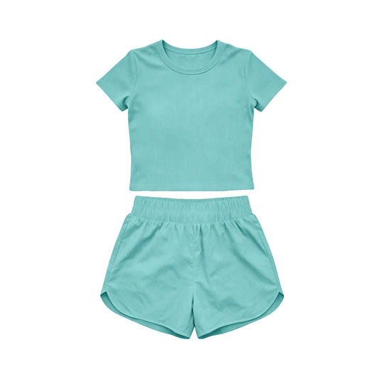 ( Moq 5 ) Preorder Baby Girls Kids Short Sleeves Shirt Skirt Shorts Yoga Active Set Green Clothes