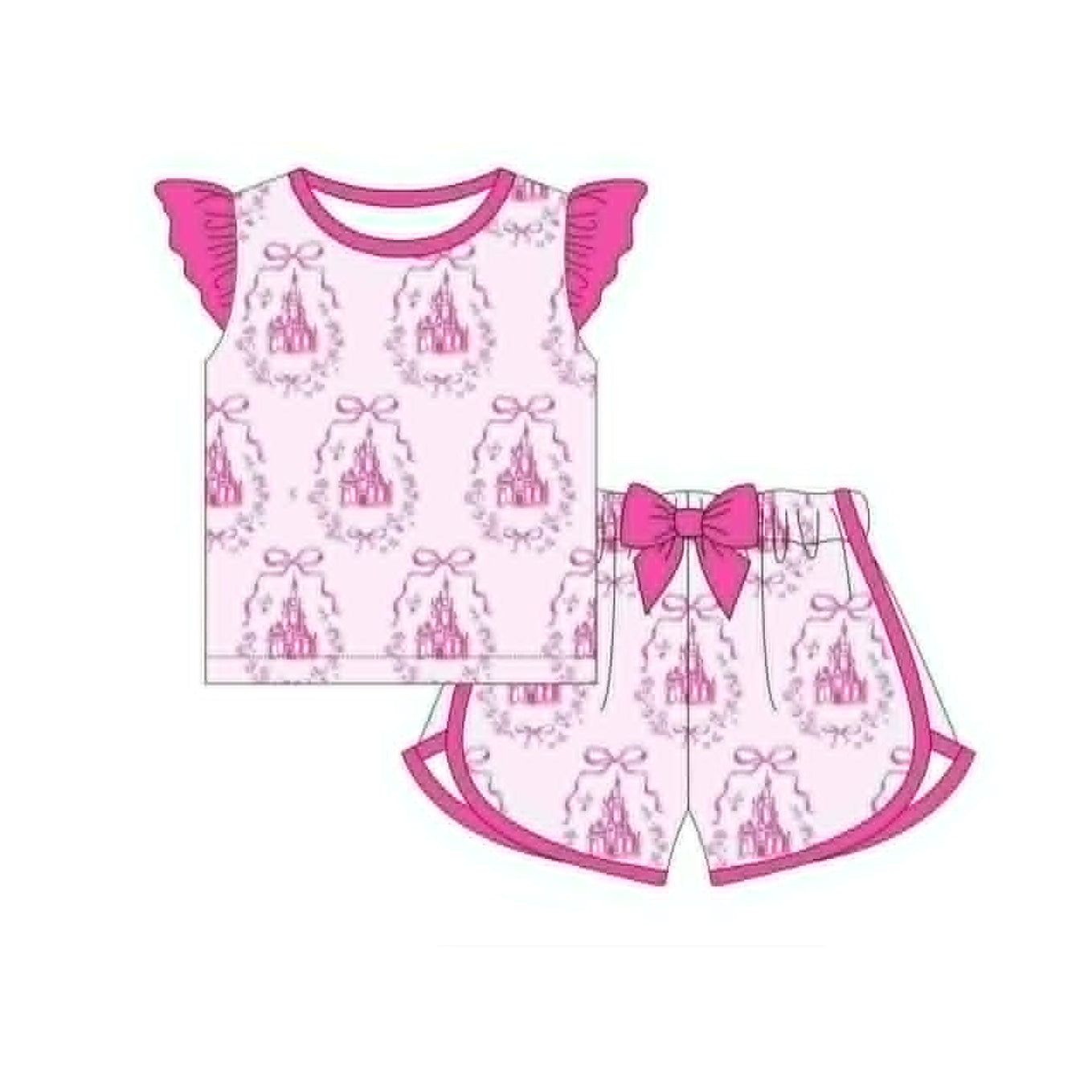 ( Moq 5 ) Preorder Baby Girls Short Sleeves Bows Floral Castles Shirt Shorts Set Pink Clothes