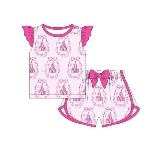 ( Moq 5 ) Preorder Baby Girls Short Sleeves Bows Floral Castles Shirt Shorts Set Pink Clothes