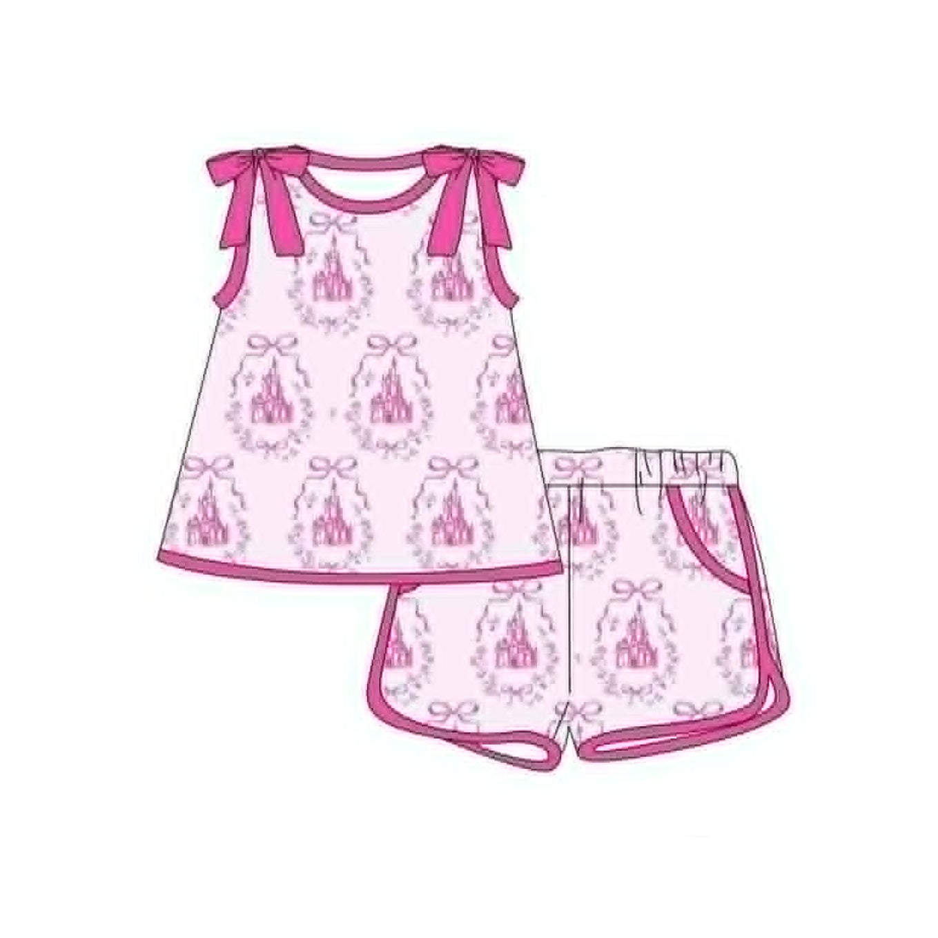 ( Moq 5 ) Preorder Baby Girls Sleeveless Bows Floral Castles Tunic Shorts Set Pink Clothes
