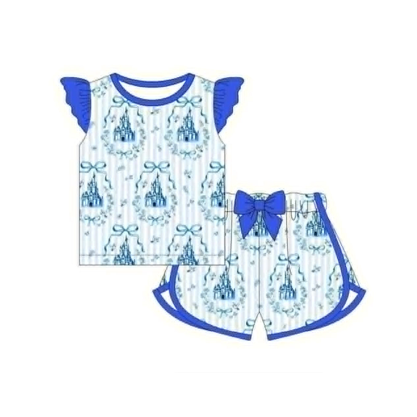 ( Moq 5 ) Preorder Baby Girls Short Sleeves Bows Floral Castles Shirt Shorts Set Blue Clothes