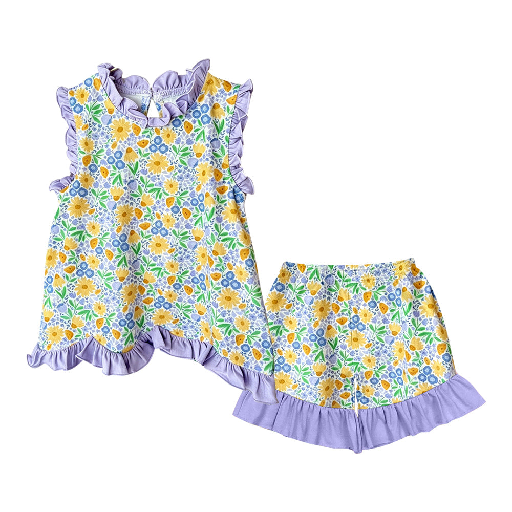 ( Moq 5 ) Preorder Baby Girls Kids Sleeveless Flower Tunic Purple Ruffle Shorts Set Clothes