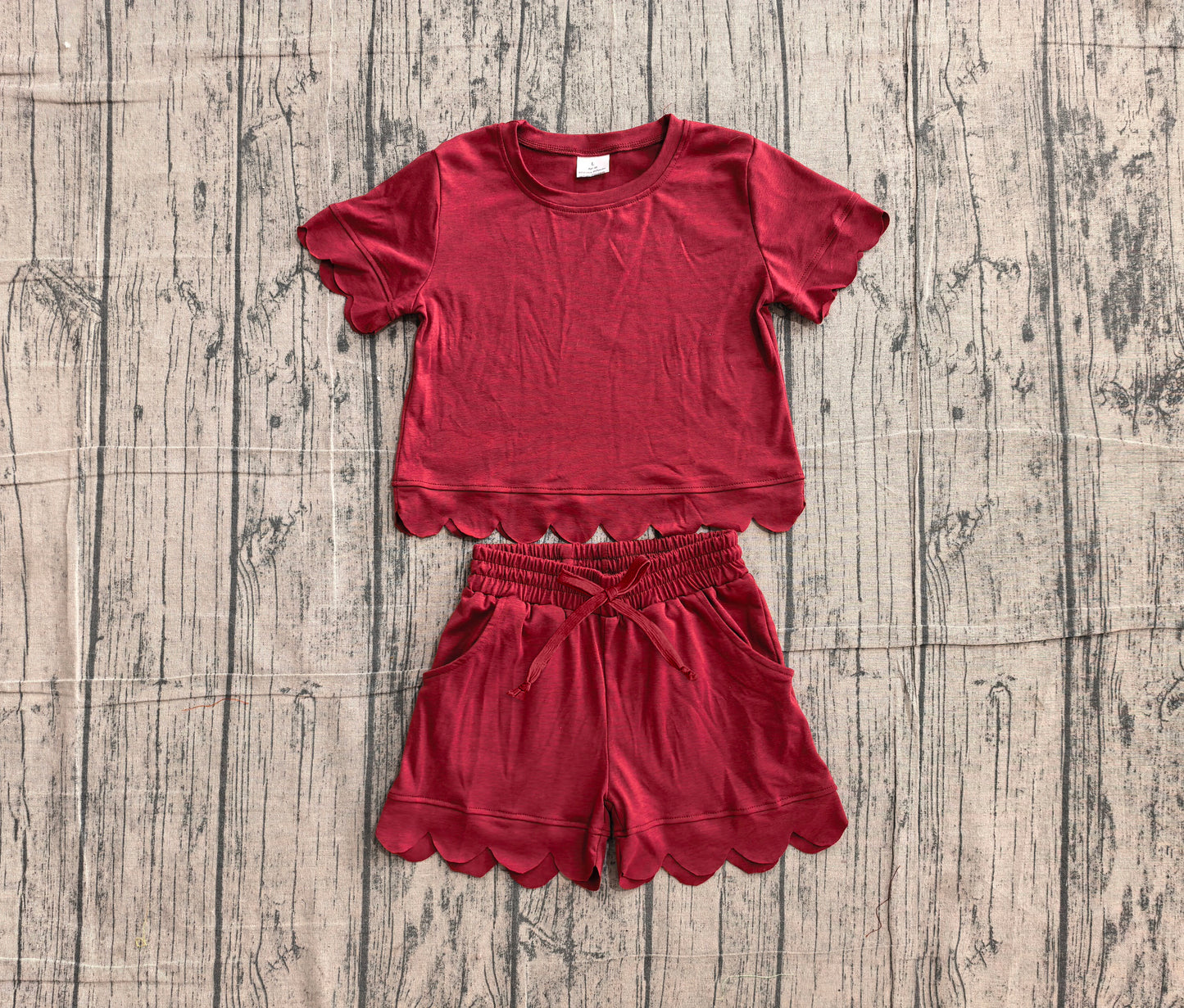 ( No moq ) Preorder Baby Girls Kids Short Sleeves Dark Red Shirt Pockets Shorts Scallop Set Cotton Clothes