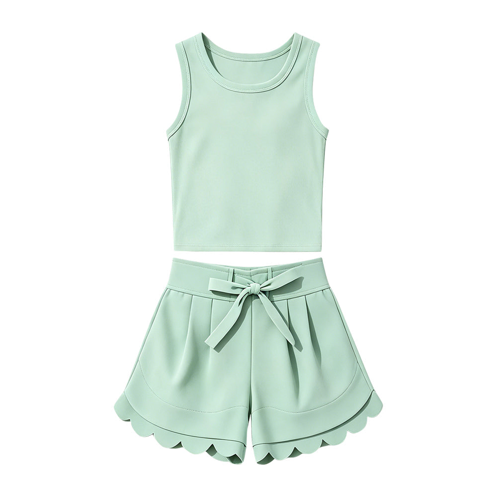 ( Moq 5 ) Preorder Baby Girls Kids Sleeveless Green Vest Scallop Shorts Yoga Active Set Clothes