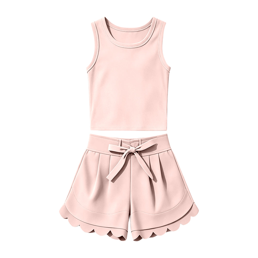 ( Moq 5 ) Preorder Baby Girls Kids Sleeveless Vest Scallop Shorts Yoga Active Set Clothes